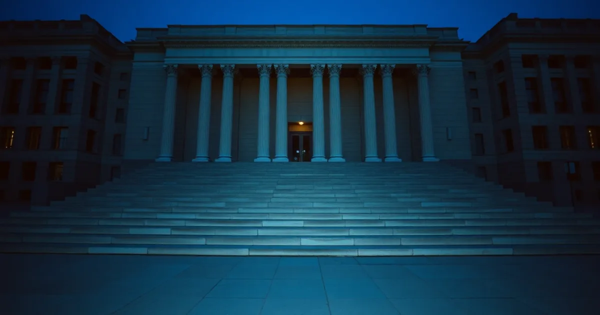 The colonnade of a neoclassical federal building at dusk, illustrating born in the US, living in the UK