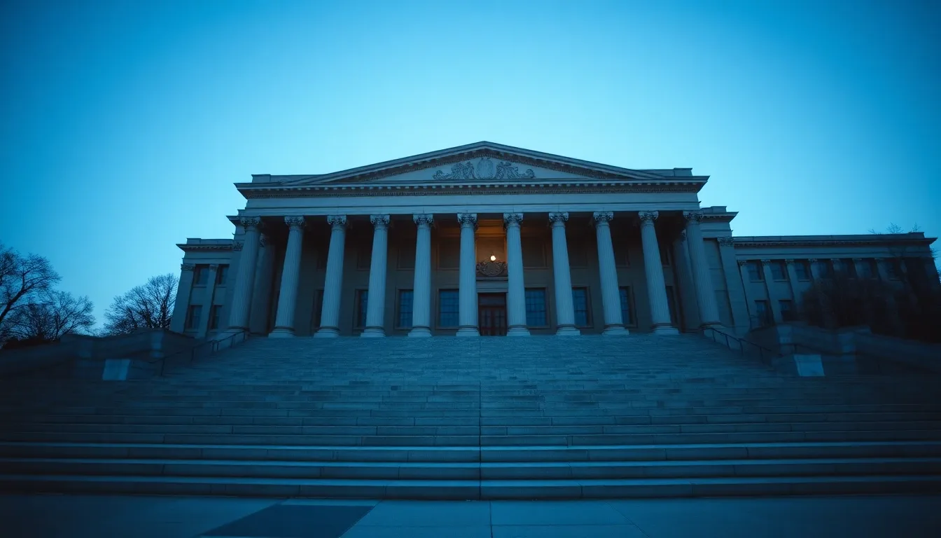 The colonnade of a neoclassical federal building at dusk, illustrating born in the US, living in the UK