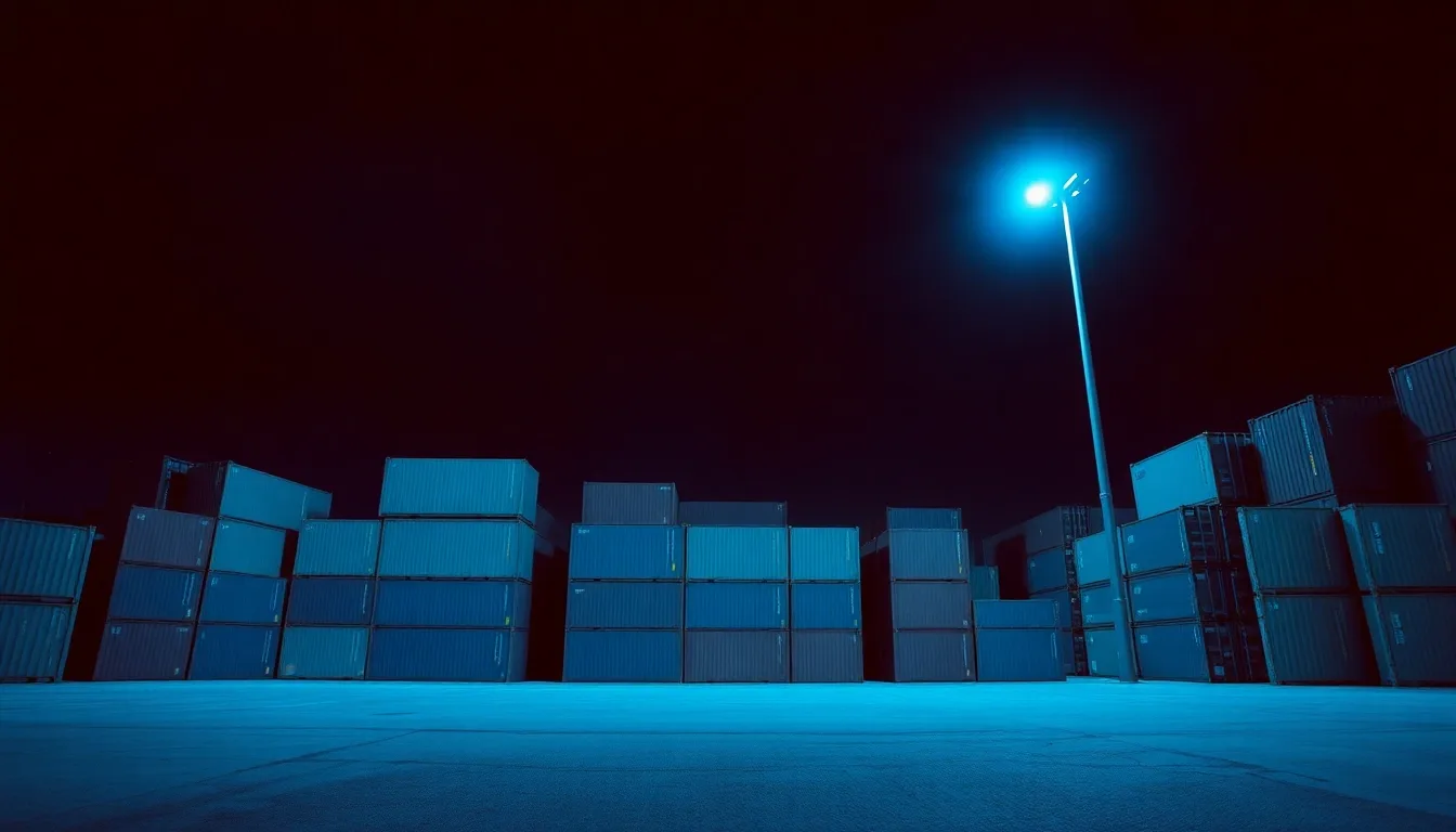 Stacked shipping containers under floodlight at night, illustrating FATCA letter from your UK bank