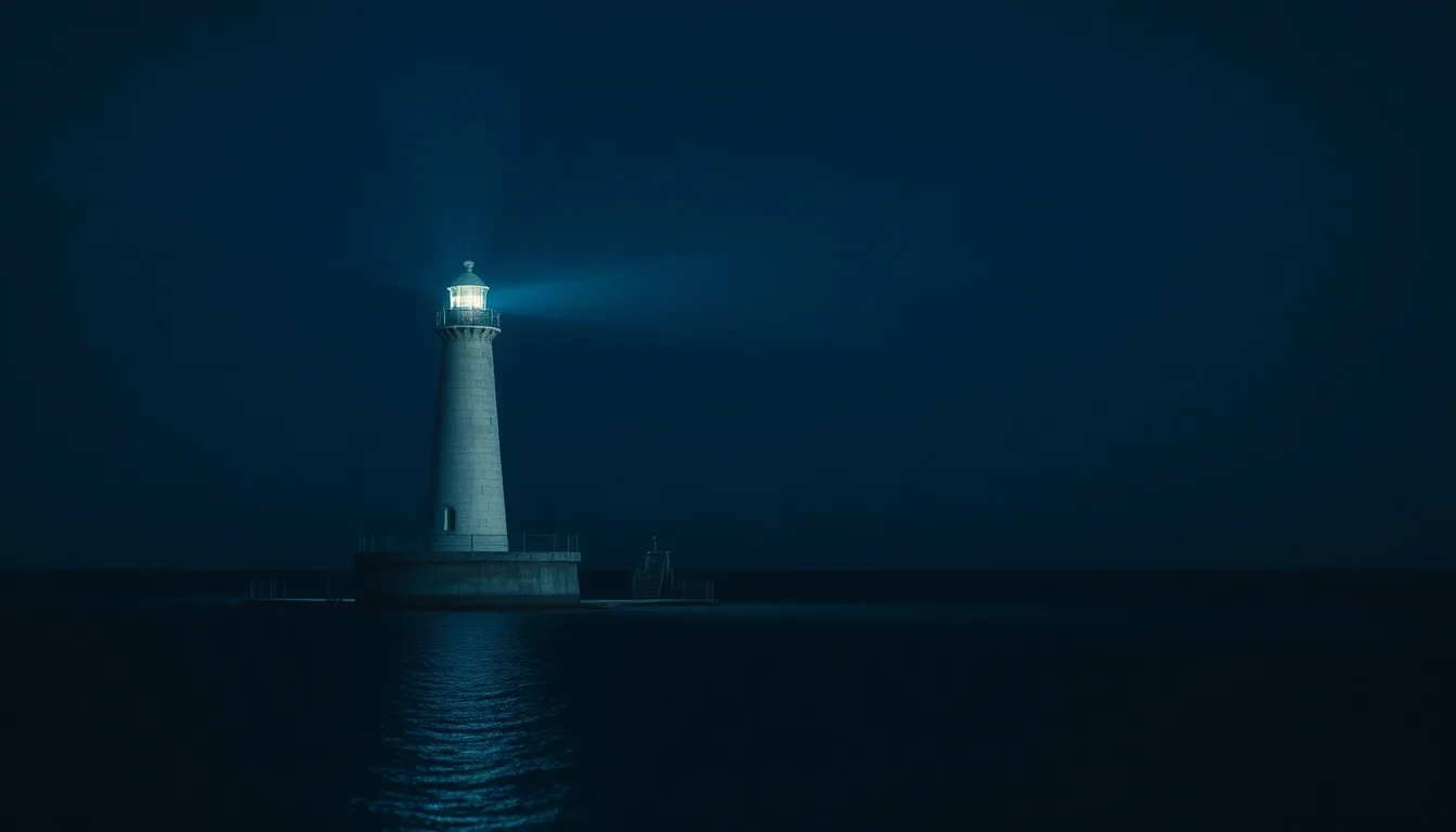 A lighthouse beam sweeping across a calm dark sea, illustrating QROPS transfer and US tax