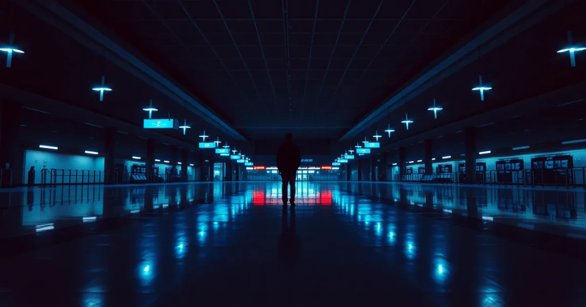 An empty airport departure hall at night, illustrating social Security number from abroad