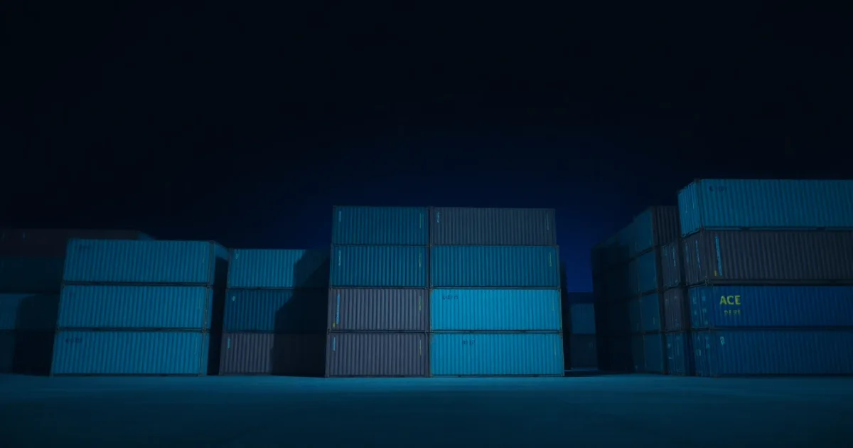 Stacked shipping containers under floodlight at night, illustrating UK State Pension on a US return