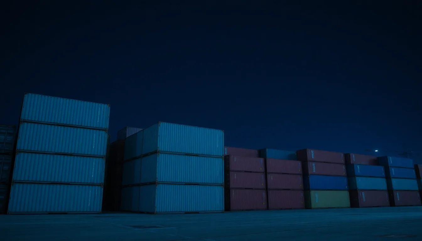 Stacked shipping containers under floodlight at night, illustrating UK State Pension on a US return