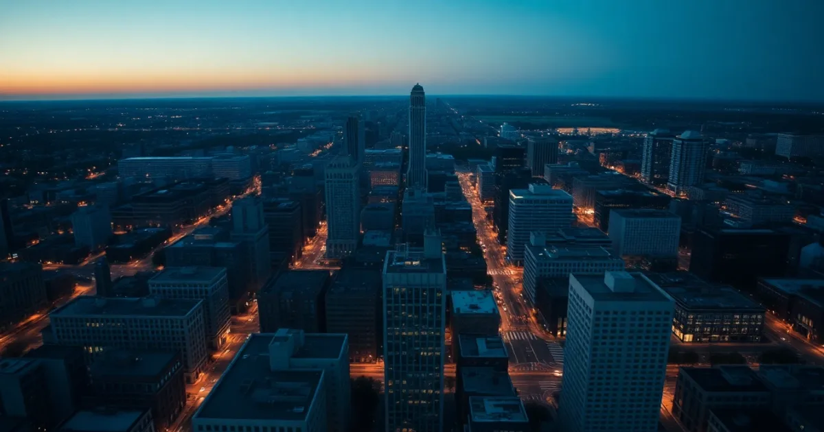 A grid-planned American city seen from above at dusk, illustrating your US citizen child born in Britain